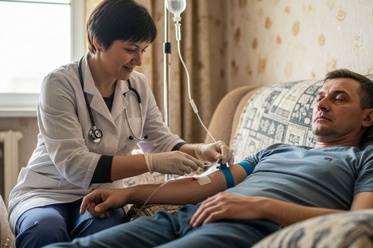 Оперативная постановка капельницы на дому Врач ставит капельницу пациенту на дому